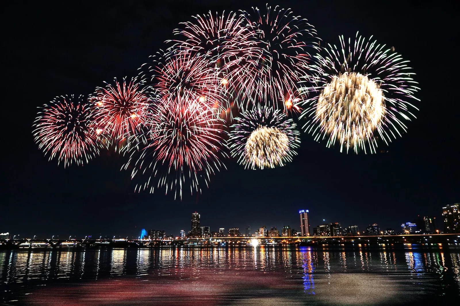 fireworks display over city buildings during night time